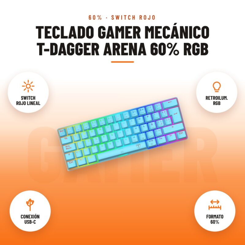 Teclado Gamer Mecánico T-Dagger Arena 60% RGB: imagen promocional con switch rojo lineal, retroilum. rgb, conexión usb-c, formato 60%