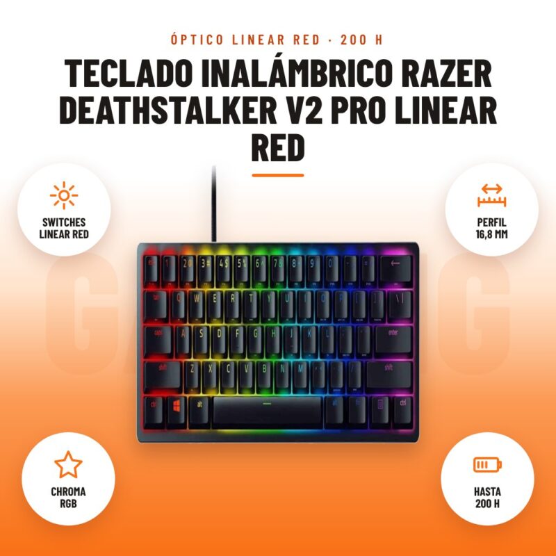 Teclado Inalámbrico Razer DeathStalker V2 Pro Linear Red: imagen promocional con switches linear red, perfil 16,8 mm, chroma rgb, hasta 200 h