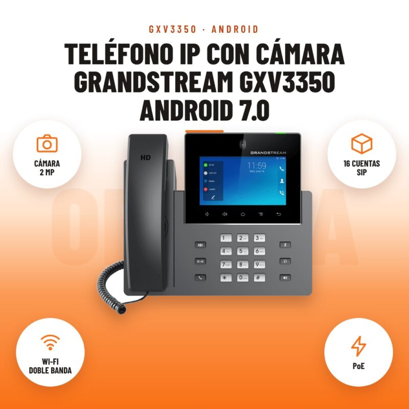 Teléfono IP con Cámara Grandstream GXV3350 Android 7.0: imagen promocional con cámara 2 mp, 16 cuentas sip, wi-fi doble banda, poe