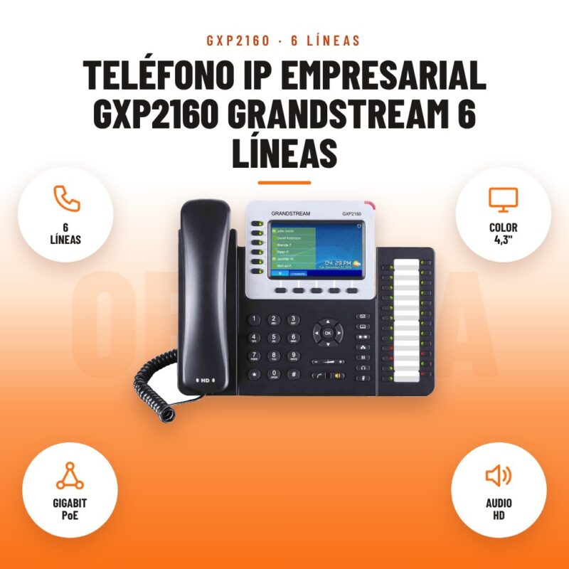 Teléfono IP Empresarial GXP2160 Grandstream 6 Líneas: imagen promocional con 6 líneas, color 4,3", gigabit poe, audio hd