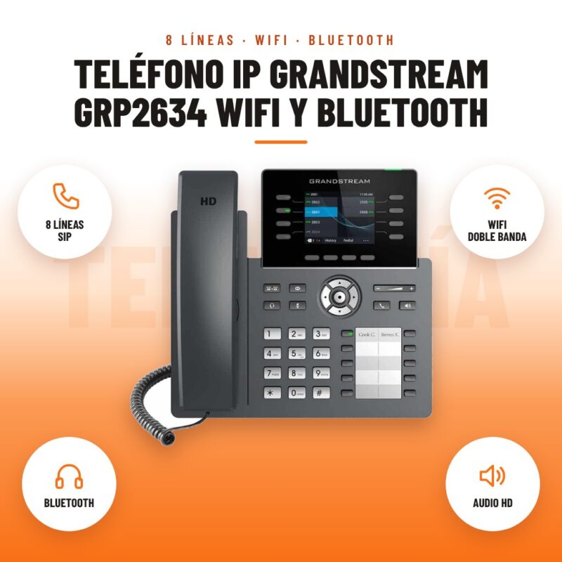 Teléfono IP Grandstream GRP2634 WiFi y Bluetooth: imagen promocional con 8 líneas sip, wifi doble banda, bluetooth, audio hd