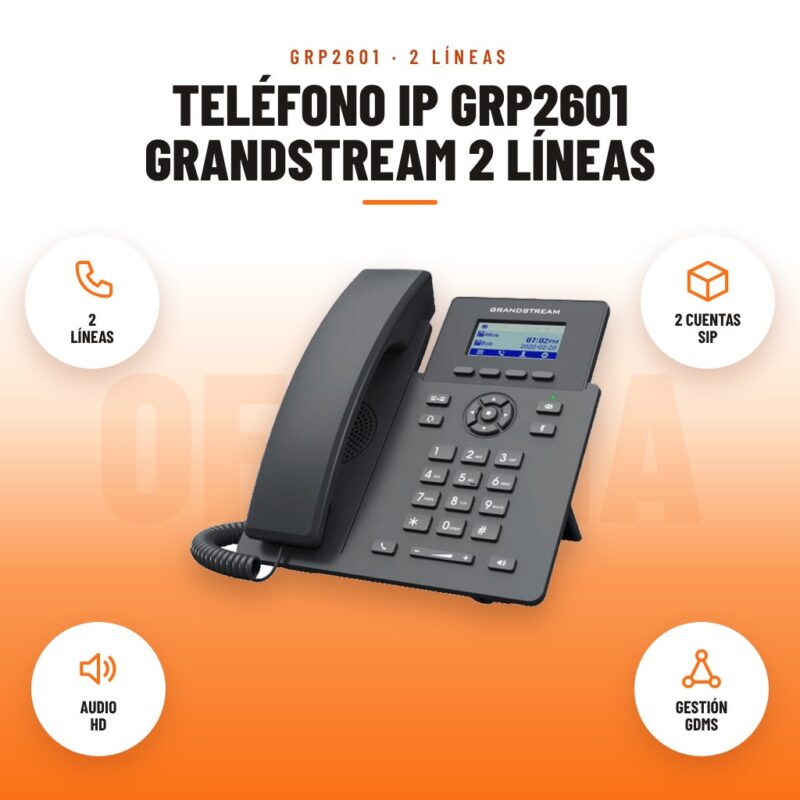 Teléfono IP GRP2601 Grandstream 2 Líneas: imagen promocional con 2 líneas, 2 cuentas sip, audio hd, gestión gdms