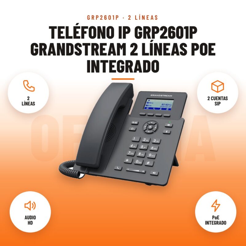 Teléfono IP GRP2601P Grandstream 2 Líneas PoE integrado: imagen promocional con 2 líneas, 2 cuentas sip, audio hd, poe integrado