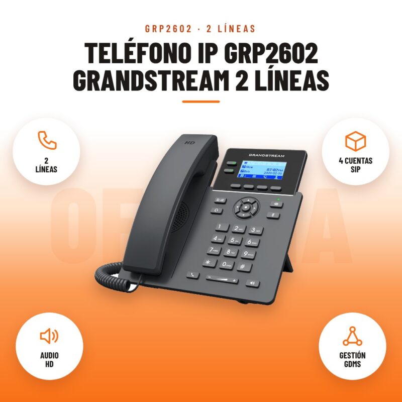 Teléfono IP GRP2602 Grandstream 2 Líneas: imagen promocional con 2 líneas, 4 cuentas sip, audio hd, gestión gdms