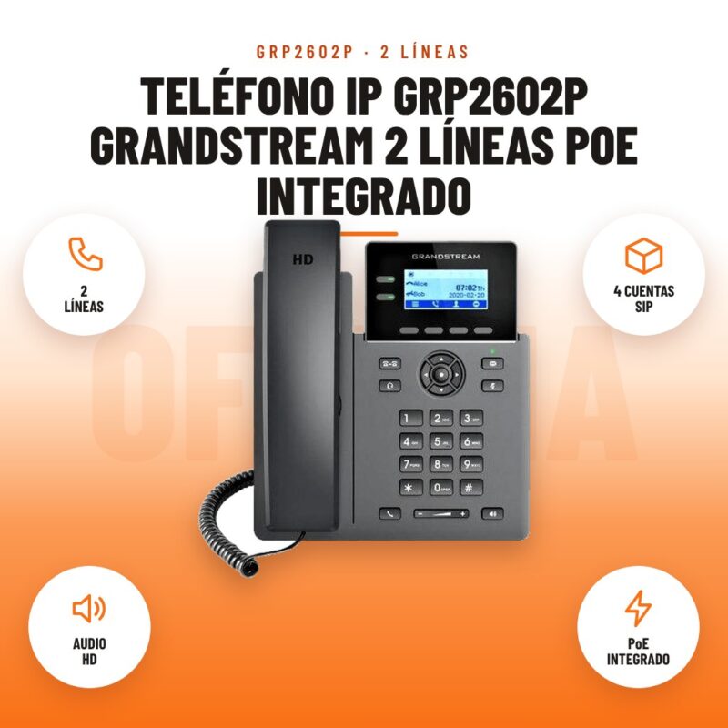 Teléfono IP GRP2602P Grandstream 2 Líneas PoE integrado: imagen promocional con 2 líneas, 4 cuentas sip, audio hd, poe integrado