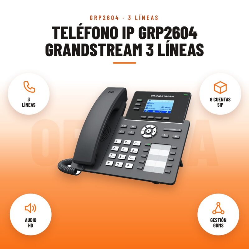 Teléfono IP GRP2604 Grandstream 3 Líneas: imagen promocional con 3 líneas, 6 cuentas sip, audio hd, gestión gdms