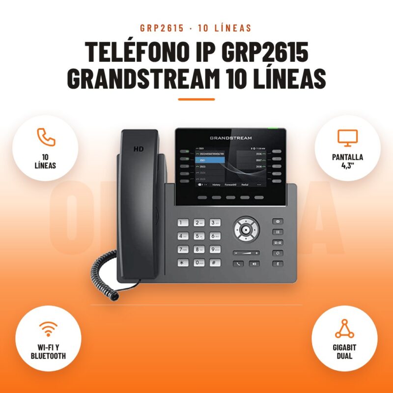 Teléfono IP GRP2615 Grandstream 10 Líneas: imagen promocional con 10 líneas, pantalla 4,3", wi-fi y bluetooth, gigabit dual