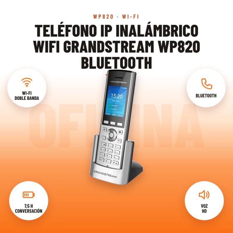 Teléfono IP Inalámbrico WiFi Grandstream WP820 Bluetooth: imagen promocional con wi-fi doble banda, bluetooth, 7,5 h conversación, voz hd