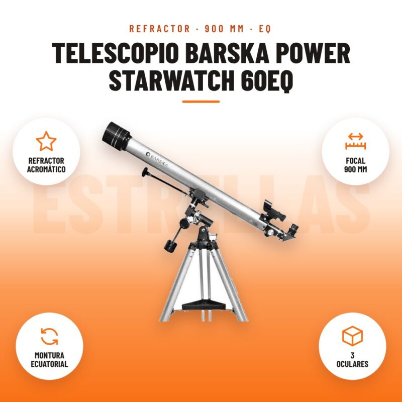 Telescopio Barska Power Starwatch 60EQ: imagen promocional con refractor acromático, focal 900 mm, montura ecuatorial, 3 oculares