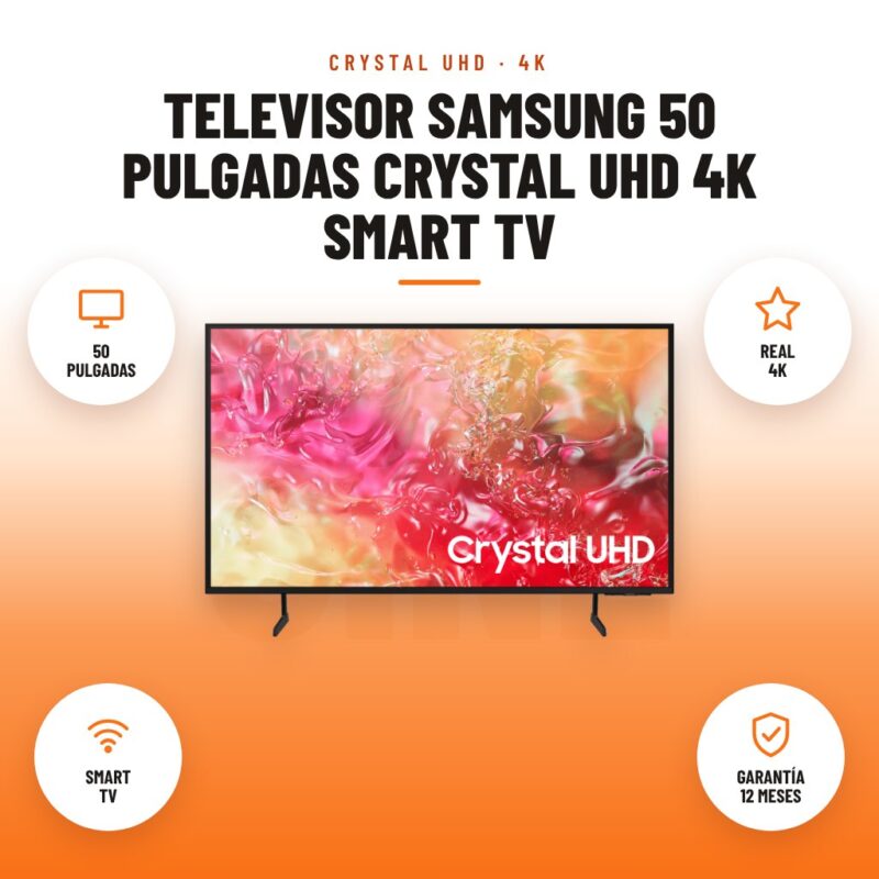 Televisor Samsung 50 Pulgadas Crystal UHD 4K Smart TV: imagen promocional con 50 pulgadas, real 4k, smart tv, garantía 12 meses