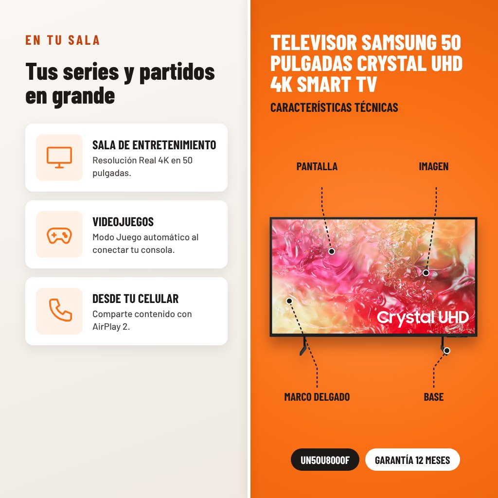 Televisor Samsung 50 Pulgadas Crystal UHD 4K Smart TV: usos y características técnicas señaladas