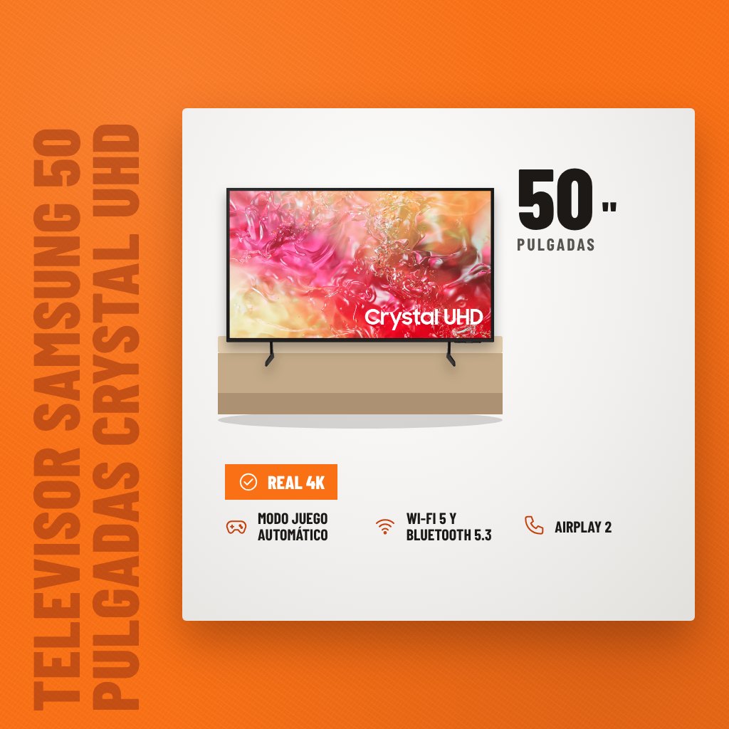 Televisor Samsung 50 Pulgadas Crystal UHD 4K Smart TV sobre soporte con sus beneficios principales