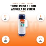 Termo Imusa 1 L con Ampolla de Vidrio: imagen promocional con 1 litro, caliente hasta 6 h, libre de asbesto, asa lateral