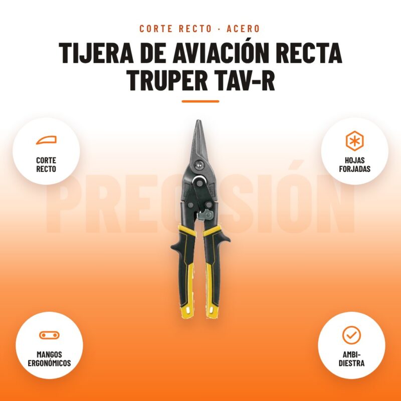 Tijera de Aviación Recta Truper TAV-R: imagen promocional con corte recto, hojas forjadas, mangos ergonómicos, ambi- diestra