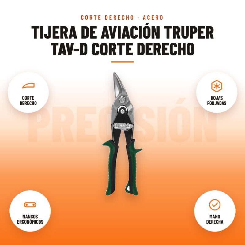 Tijera de Aviación Truper TAV-D Corte Derecho: imagen promocional con corte derecho, hojas forjadas, mangos ergonómicos, mano derecha