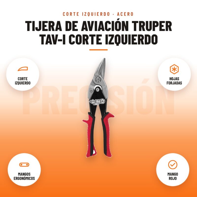 Tijera de Aviación Truper TAV-I Corte Izquierdo: imagen promocional con corte izquierdo, hojas forjadas, mangos ergonómicos, mango rojo