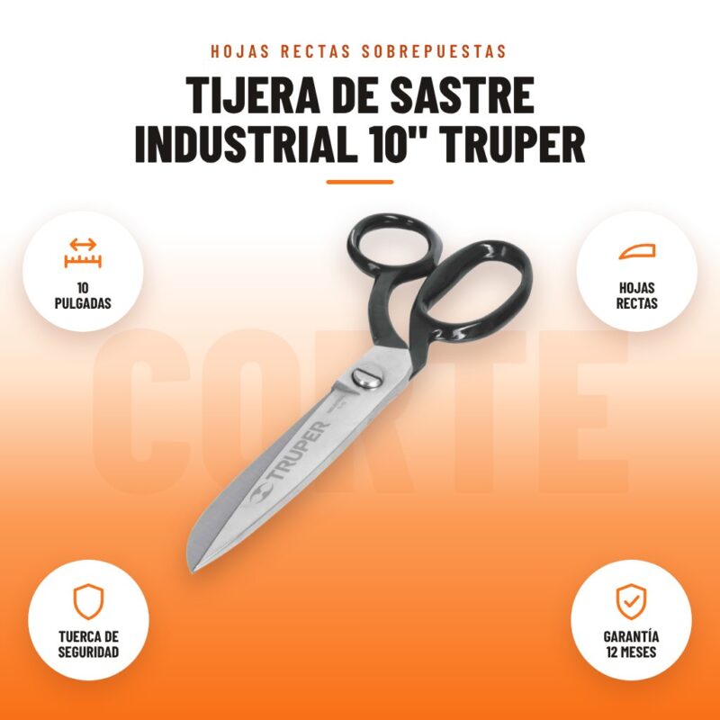 Tijera de Sastre Industrial 10" Truper: imagen promocional con 10 pulgadas, hojas rectas, tuerca de seguridad, garantía 12 meses