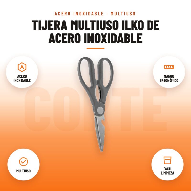 Tijera Multiuso Ilko de Acero Inoxidable: imagen promocional con acero inoxidable, mango ergonómico, multiuso, fácil limpieza