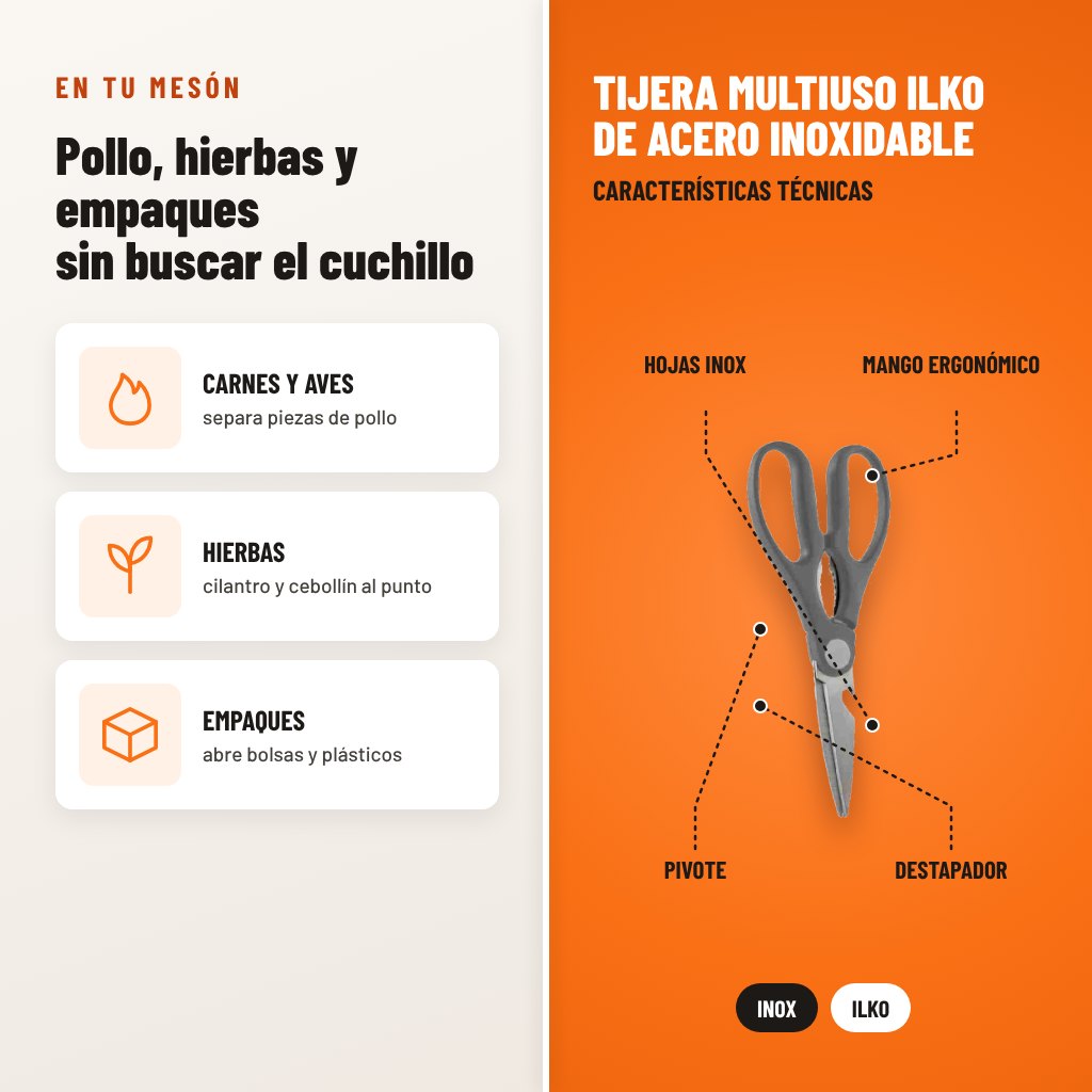 Tijera Multiuso Ilko de Acero Inoxidable: usos y características técnicas señaladas