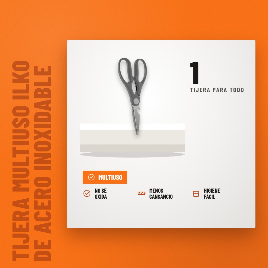 Tijera Multiuso Ilko de Acero Inoxidable sobre soporte con sus beneficios principales