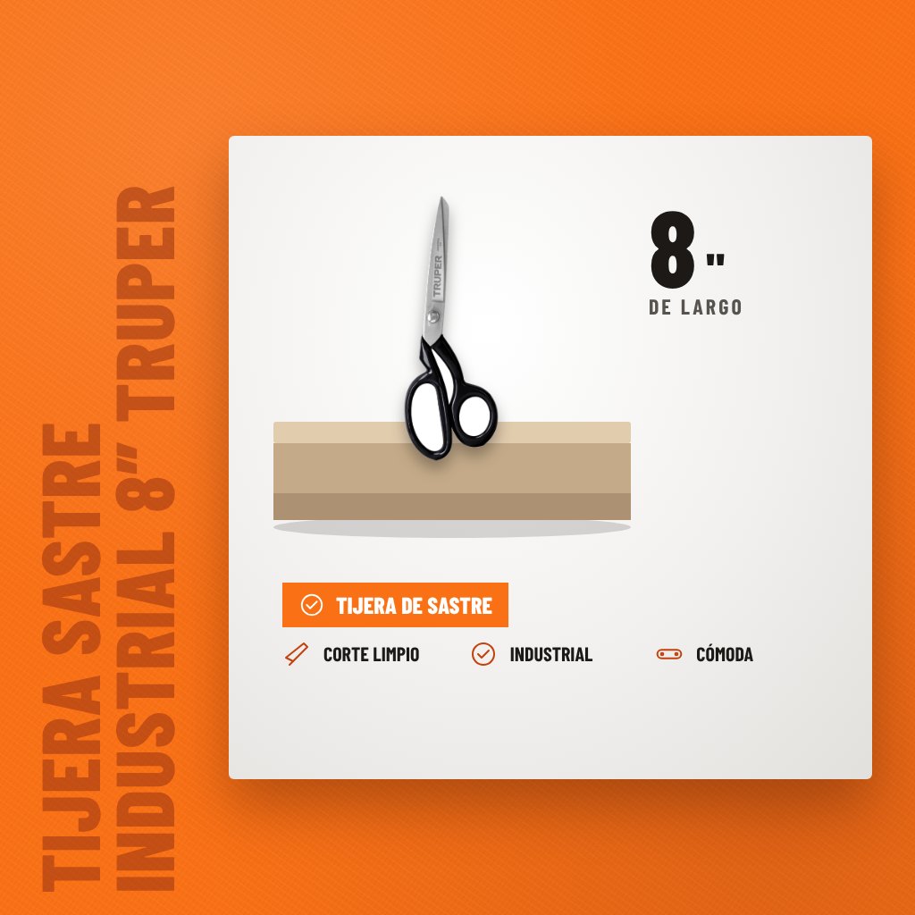 Tijera Sastre Industrial 8″ Truper Ti-8 sobre soporte con sus beneficios principales