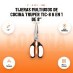 Tijeras multiusos de cocina Truper TIC-8 6 en 1 de 8": imagen promocional con 6 en 1, acero inoxidable, 8 pulgadas, pollo y pescado