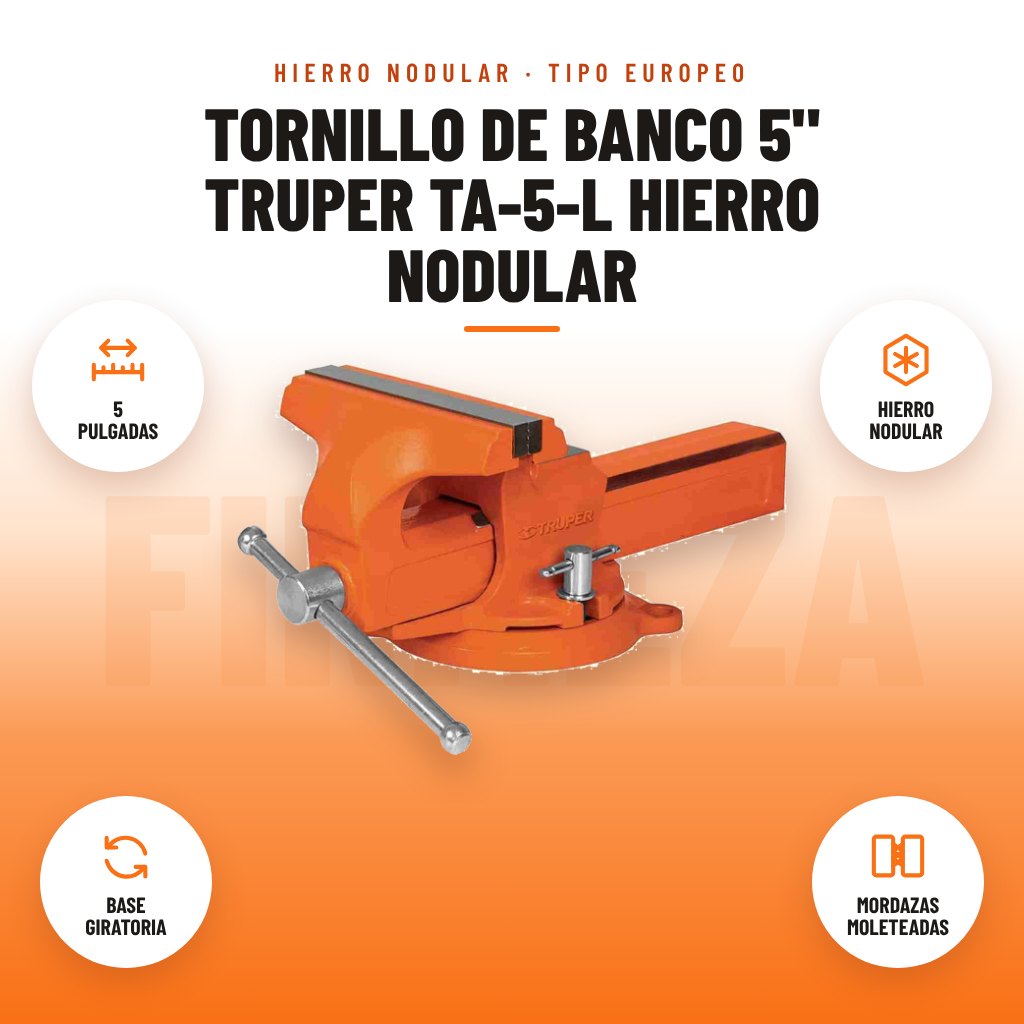 Tornillo de Banco 5" Truper TA-5-L Hierro Nodular: imagen promocional con 5 pulgadas, hierro nodular, base giratoria, mordazas moleteadas