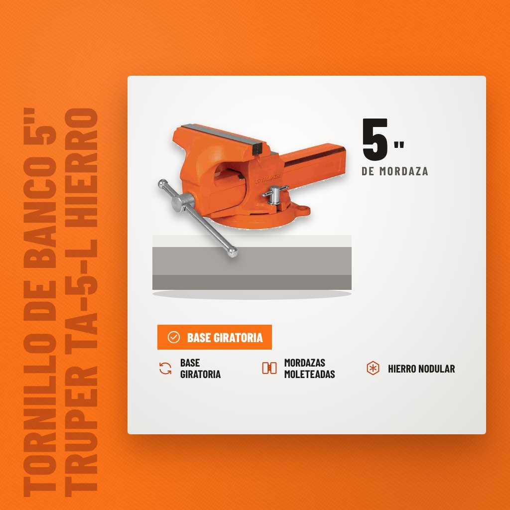 Tornillo de Banco 5" Truper TA-5-L Hierro Nodular sobre soporte con sus beneficios principales