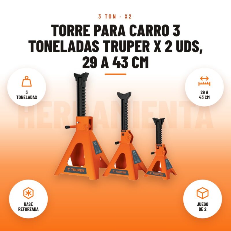 Torre para Carro 3 Toneladas Truper x 2 Uds, 29 a 43 cm: imagen promocional con 3 toneladas, 29 a 43 cm, base reforzada, juego de 2
