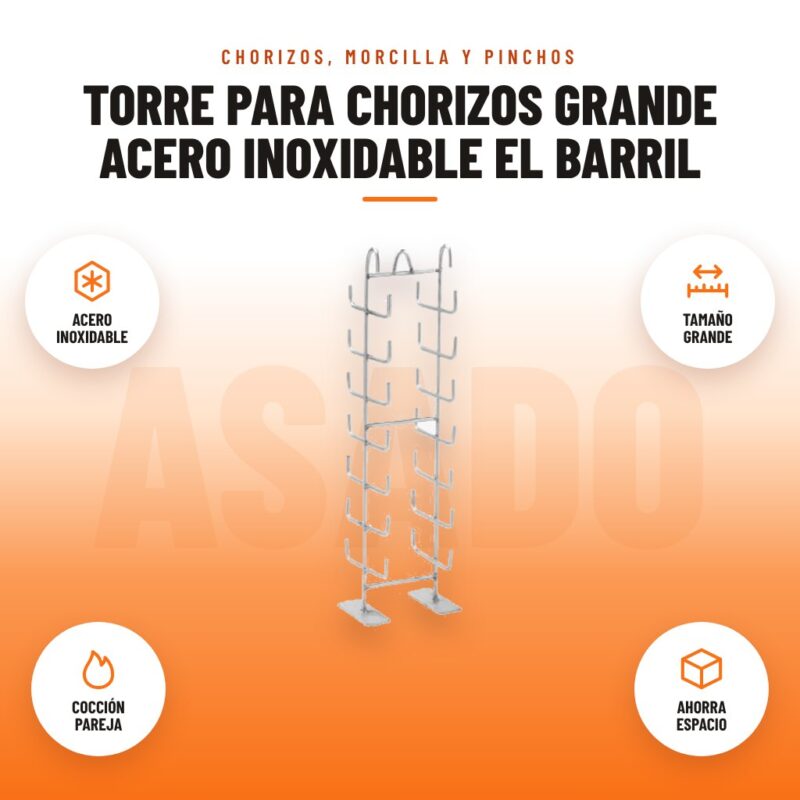 Torre para Chorizos Grande Acero Inoxidable El Barril: imagen promocional con acero inoxidable, tamaño grande, cocción pareja, ahorra espacio