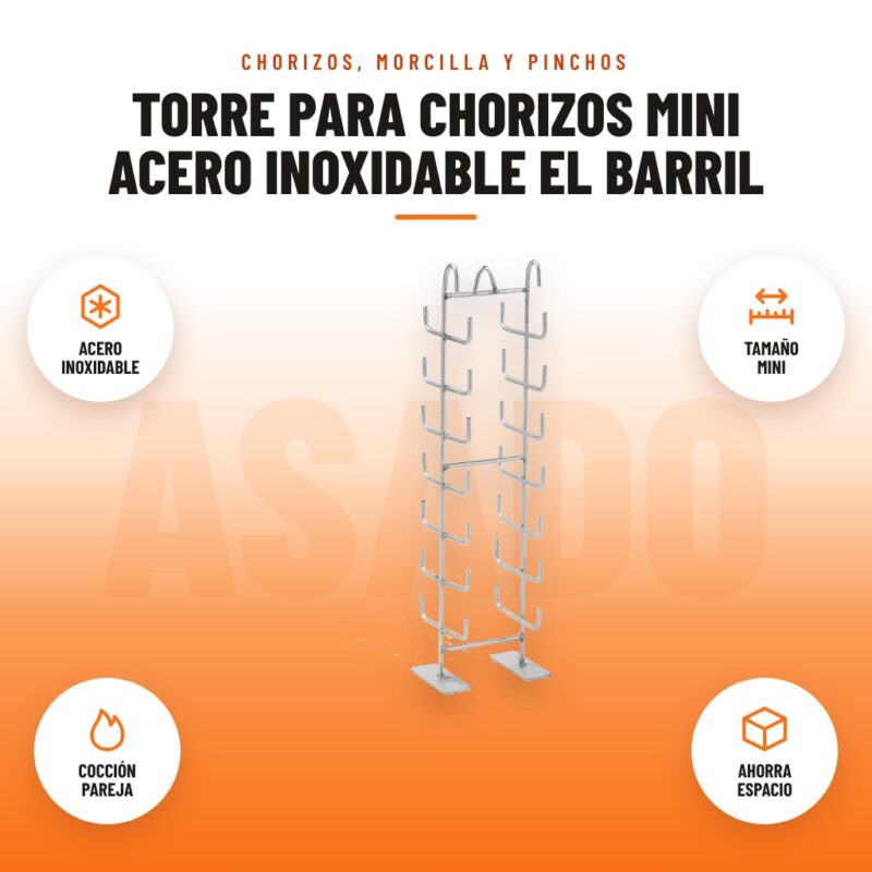 Torre para Chorizos Mini Acero Inoxidable El Barril: imagen promocional con acero inoxidable, tamaño mini, cocción pareja, ahorra espacio