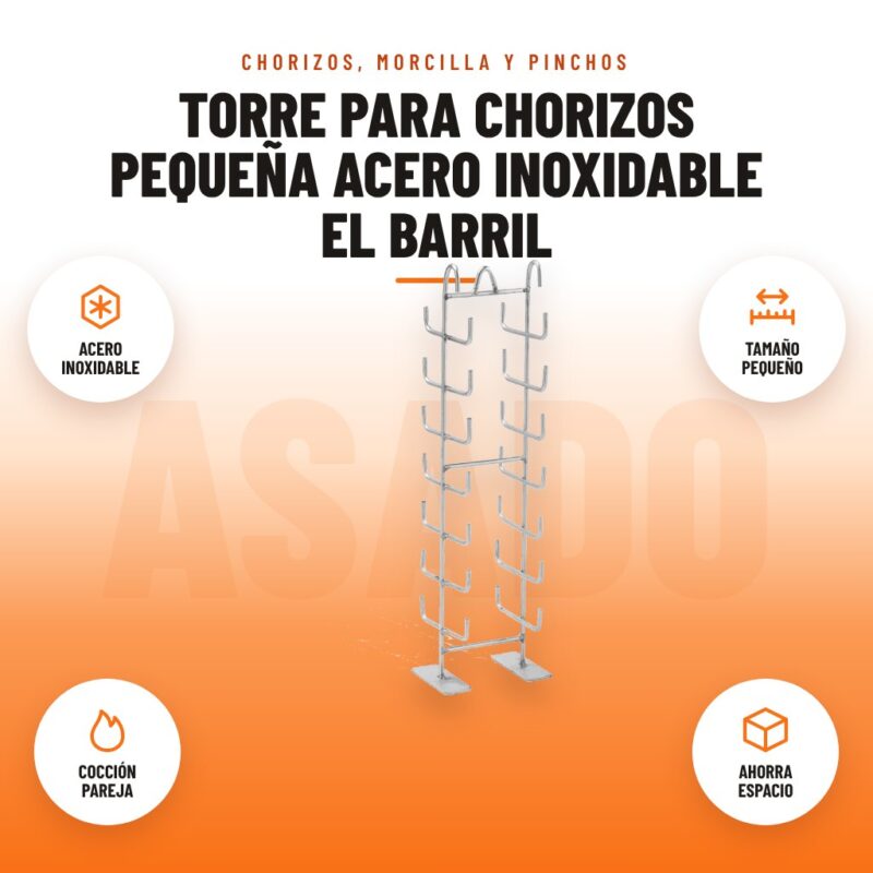 Torre para Chorizos Pequeña Acero Inoxidable El Barril: imagen promocional con acero inoxidable, tamaño pequeño, cocción pareja, ahorra espacio