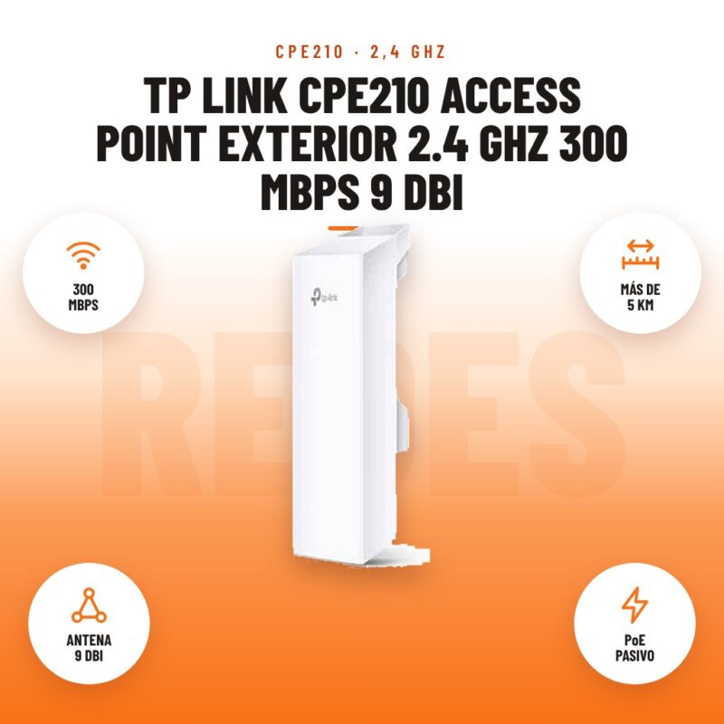 TP Link CPE210 Access Point Exterior 2.4 GHz 300 Mbps 9 dBi: imagen promocional con 300 mbps, más de 5 km, antena 9 dbi, poe pasivo