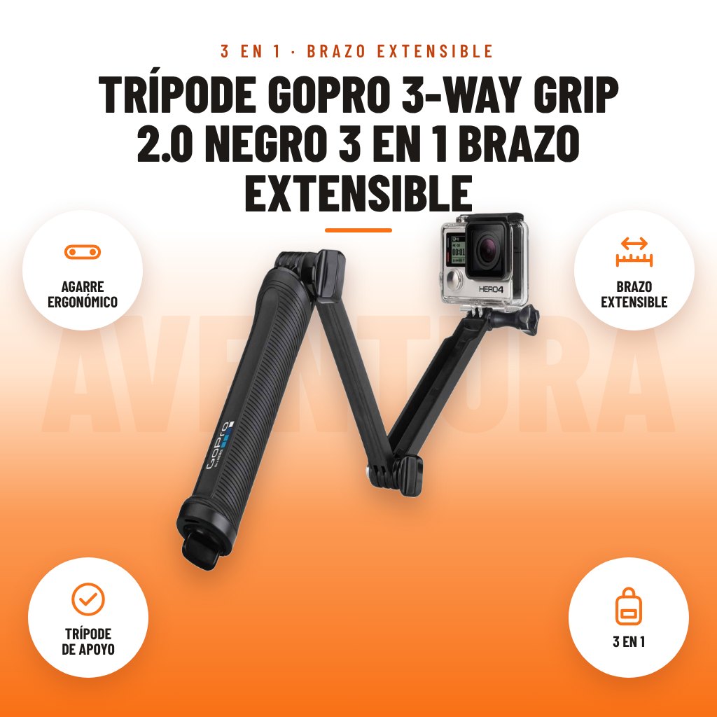 Trípode GoPro 3-Way Grip 2.0 Negro 3 en 1 Brazo Extensible: imagen promocional con agarre ergonómico, brazo extensible, trípode de apoyo, 3 en 1