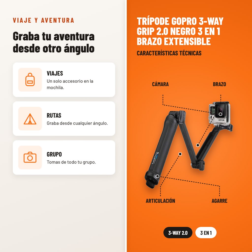 Trípode GoPro 3-Way Grip 2.0 Negro 3 en 1 Brazo Extensible: usos y características técnicas señaladas