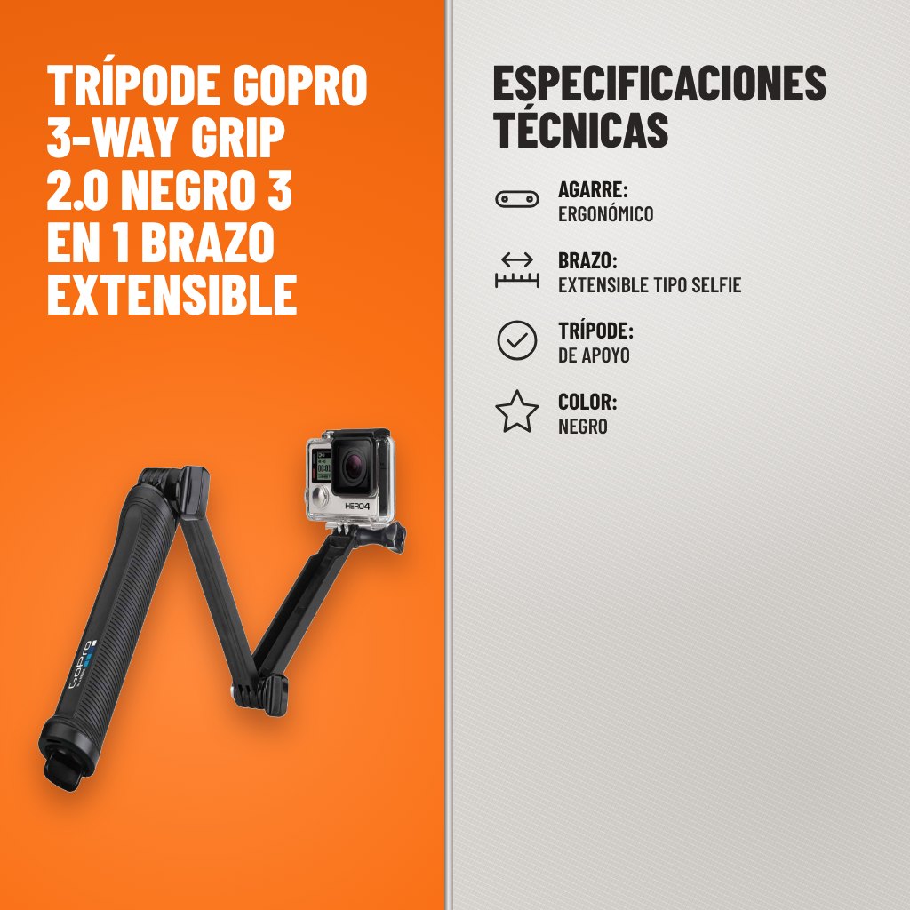 Especificaciones técnicas de Trípode GoPro 3-Way Grip 2.0 Negro 3 en 1 Brazo Extensible