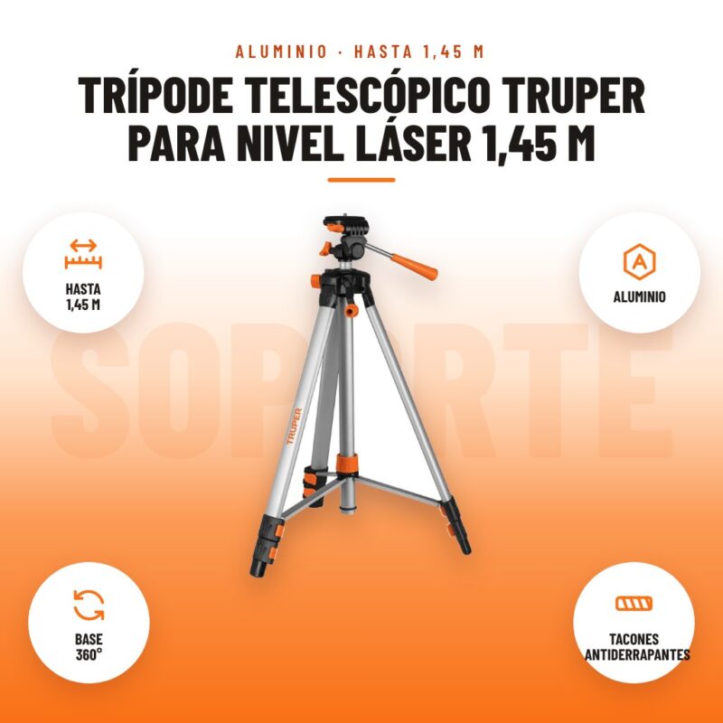 Trípode Telescópico Truper para Nivel Láser 1,45 m: imagen promocional con hasta 1,45 m, aluminio, base 360°, tacones antiderrapantes