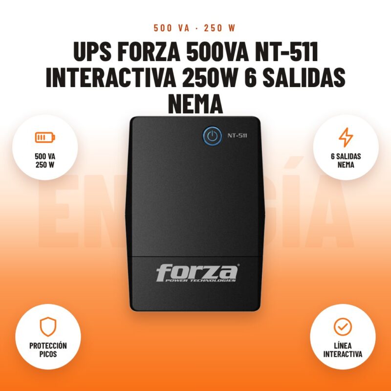 UPS Forza 500VA NT-511 Interactiva 250W 6 Salidas NEMA: imagen promocional con 500 va 250 w, 6 salidas nema, protección picos, línea interactiva