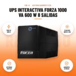 UPS Interactiva Forza 1000 VA 600 W 8 Salidas: imagen promocional con 1000 va 600 w, 8 salidas nema 5-15r, autodiag- nóstico, garantía 12 meses