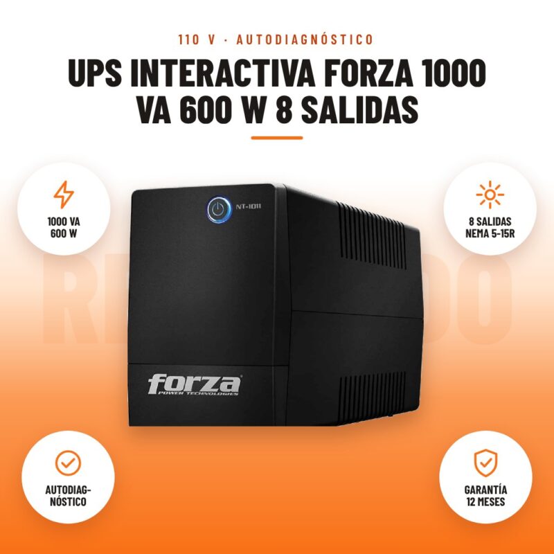 UPS Interactiva Forza 1000 VA 600 W 8 Salidas: imagen promocional con 1000 va 600 w, 8 salidas nema 5-15r, autodiag- nóstico, garantía 12 meses