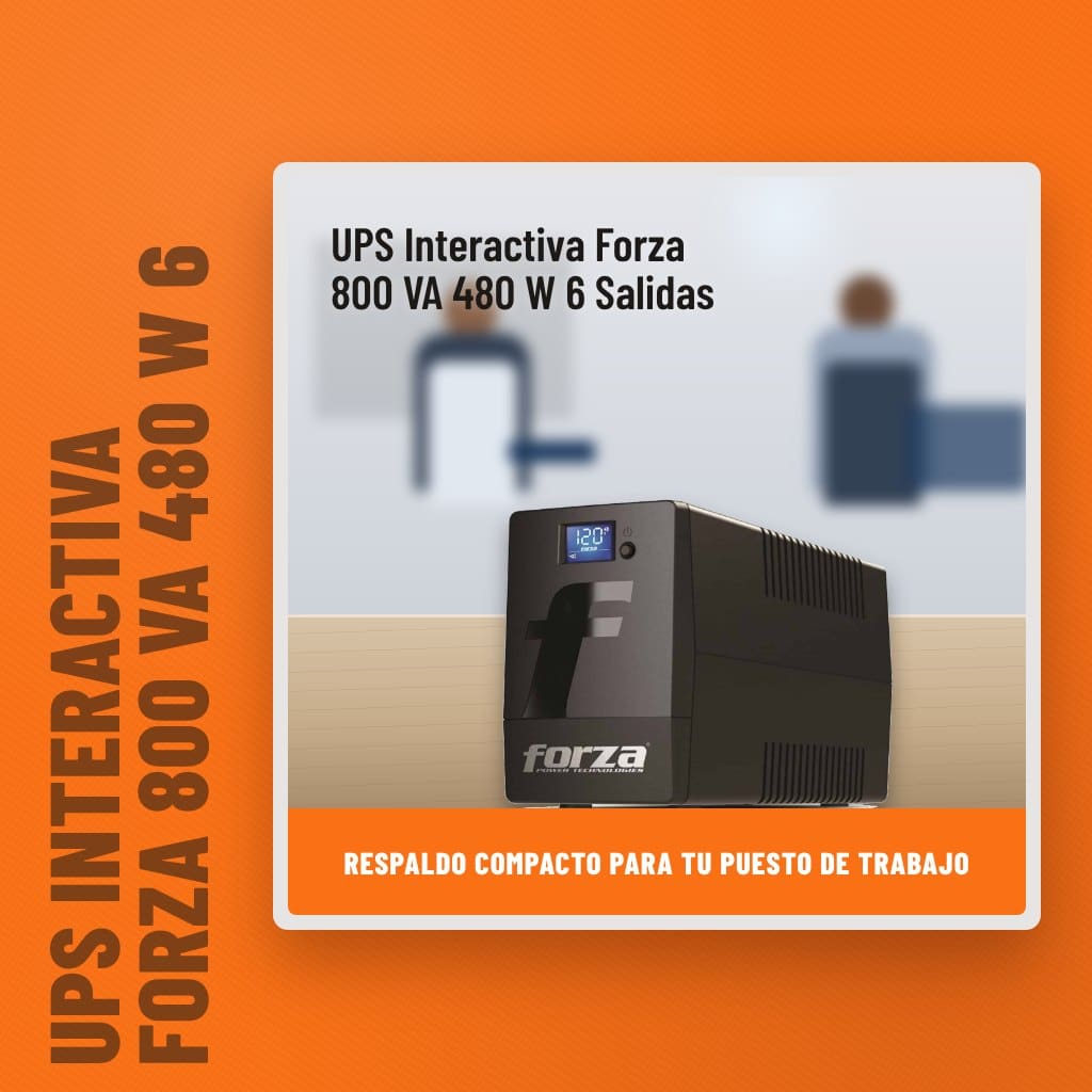 UPS Interactiva Forza 800 VA 480 W 6 Salidas en una oficina con un profesional al fondo