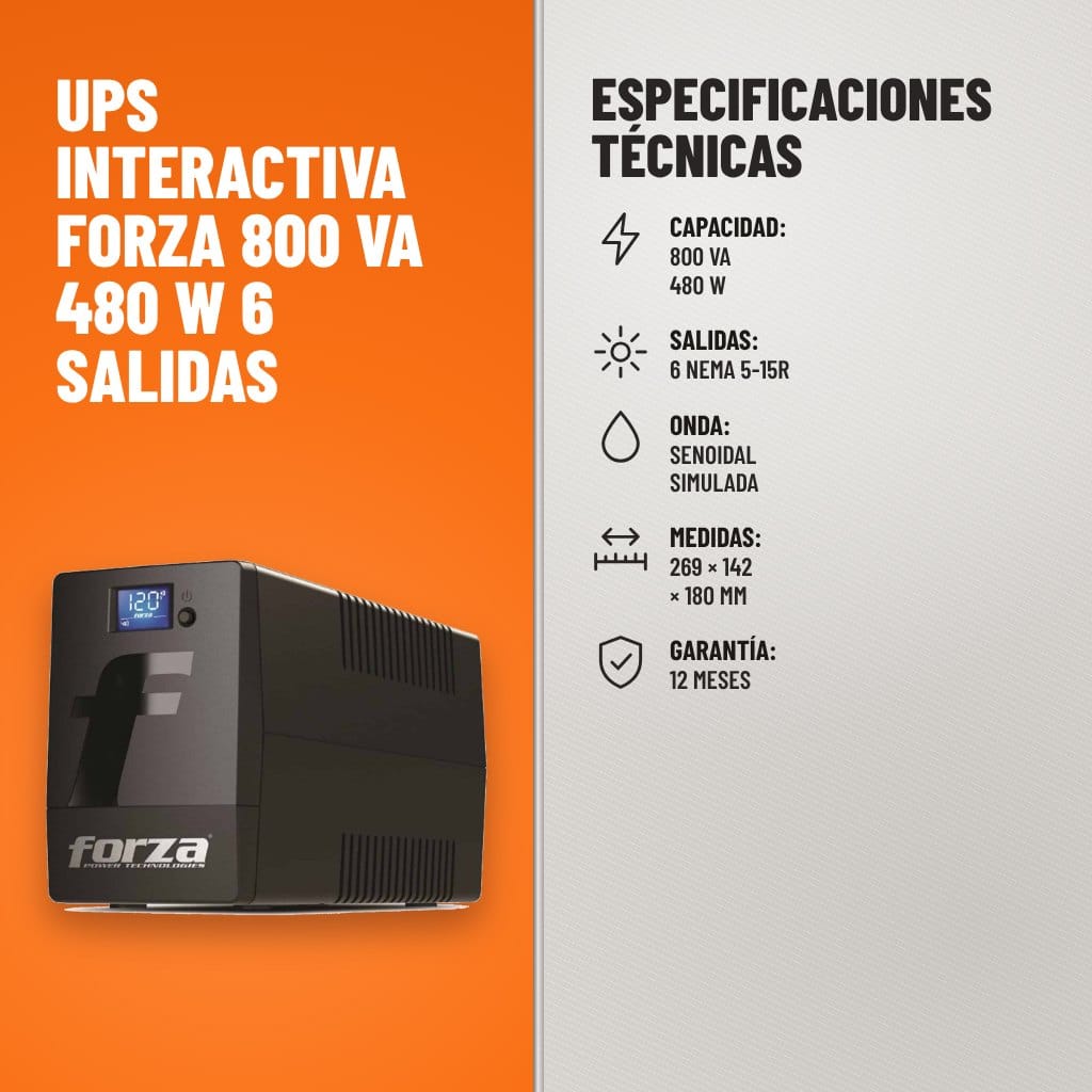 Especificaciones técnicas de UPS Interactiva Forza 800 VA 480 W 6 Salidas