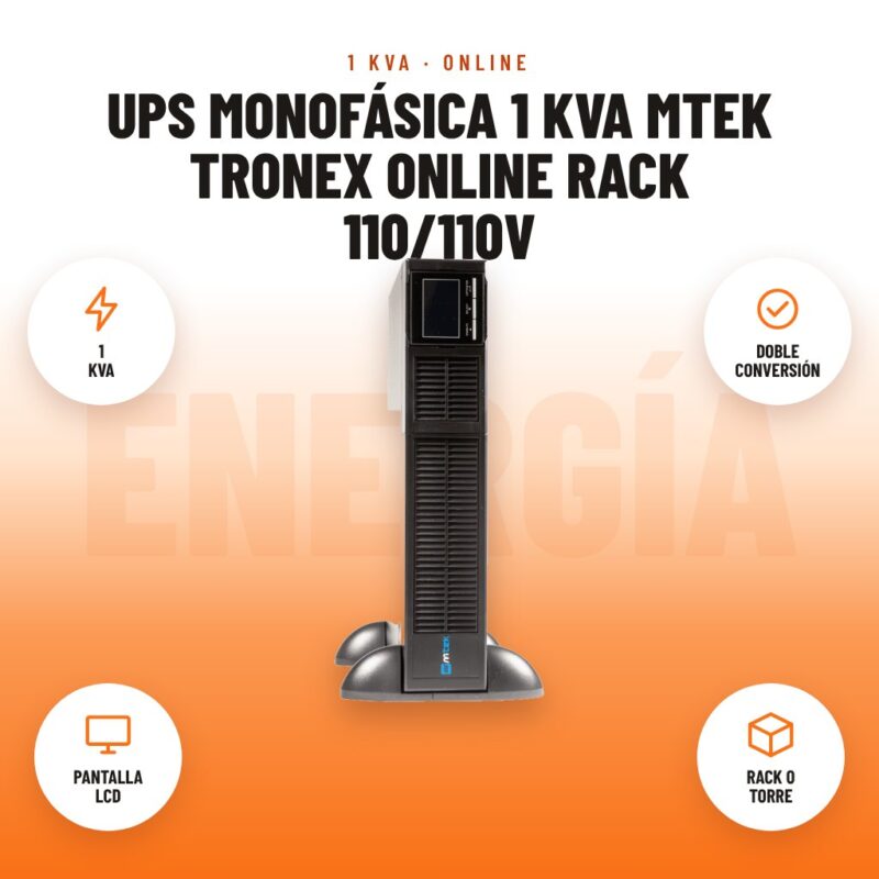 UPS Monofásica 1 kVA Mtek Tronex Online Rack 110/110V: imagen promocional con 1 kva, doble conversión, pantalla lcd, rack o torre