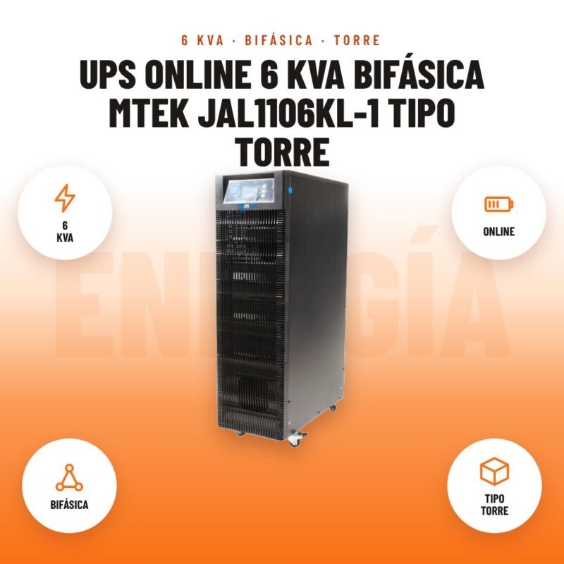 UPS online 6 kVA bifásica Mtek JAL1106KL-1 tipo torre: imagen promocional con 6 kva, online, bifásica, tipo torre