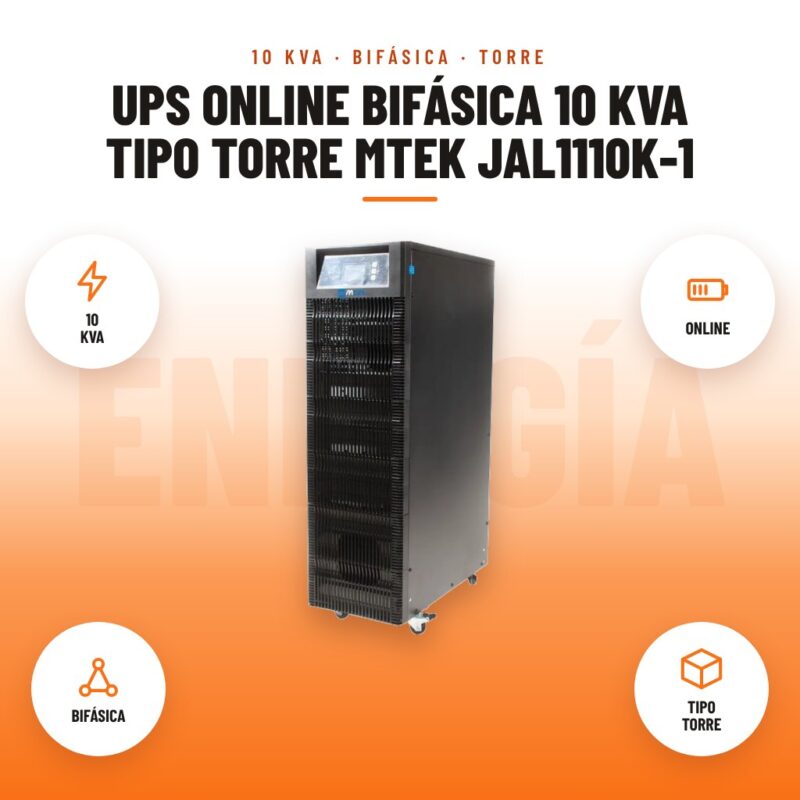 UPS online bifásica 10 kVA tipo torre Mtek JAL1110K-1: imagen promocional con 10 kva, online, bifásica, tipo torre