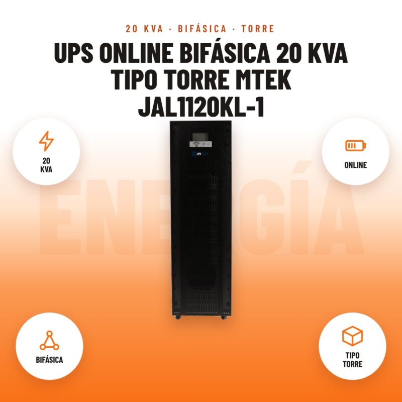 UPS online bifásica 20 kVA tipo torre Mtek JAL1120KL-1: imagen promocional con 20 kva, online, bifásica, tipo torre