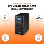 UPS Online Forza 1 kVA Doble Conversión: imagen promocional con 1000 va 700 w, onda senoidal pura, hasta 50 min*, garantía 12 meses