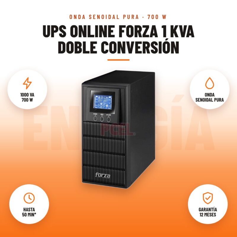 UPS Online Forza 1 kVA Doble Conversión: imagen promocional con 1000 va 700 w, onda senoidal pura, hasta 50 min*, garantía 12 meses