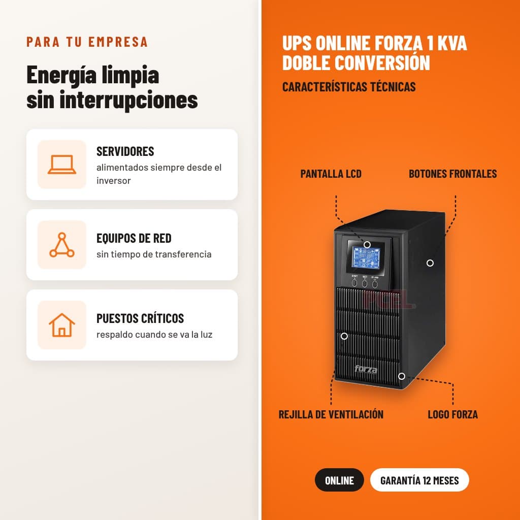 UPS Online Forza 1 kVA Doble Conversión: usos y características técnicas señaladas