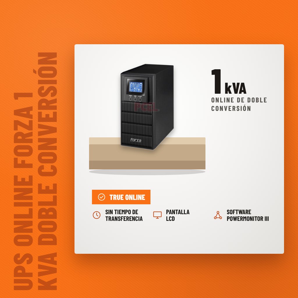 UPS Online Forza 1 kVA Doble Conversión sobre soporte con sus beneficios principales